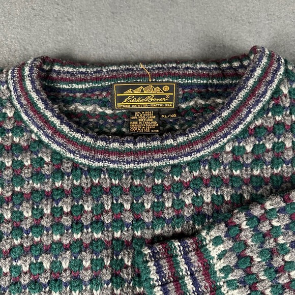 Vtg Eddie Bauer Mens XL 100% Wool Chunk Knit Sweater Green Burgundy Crew Neck - Picture 5 of 14